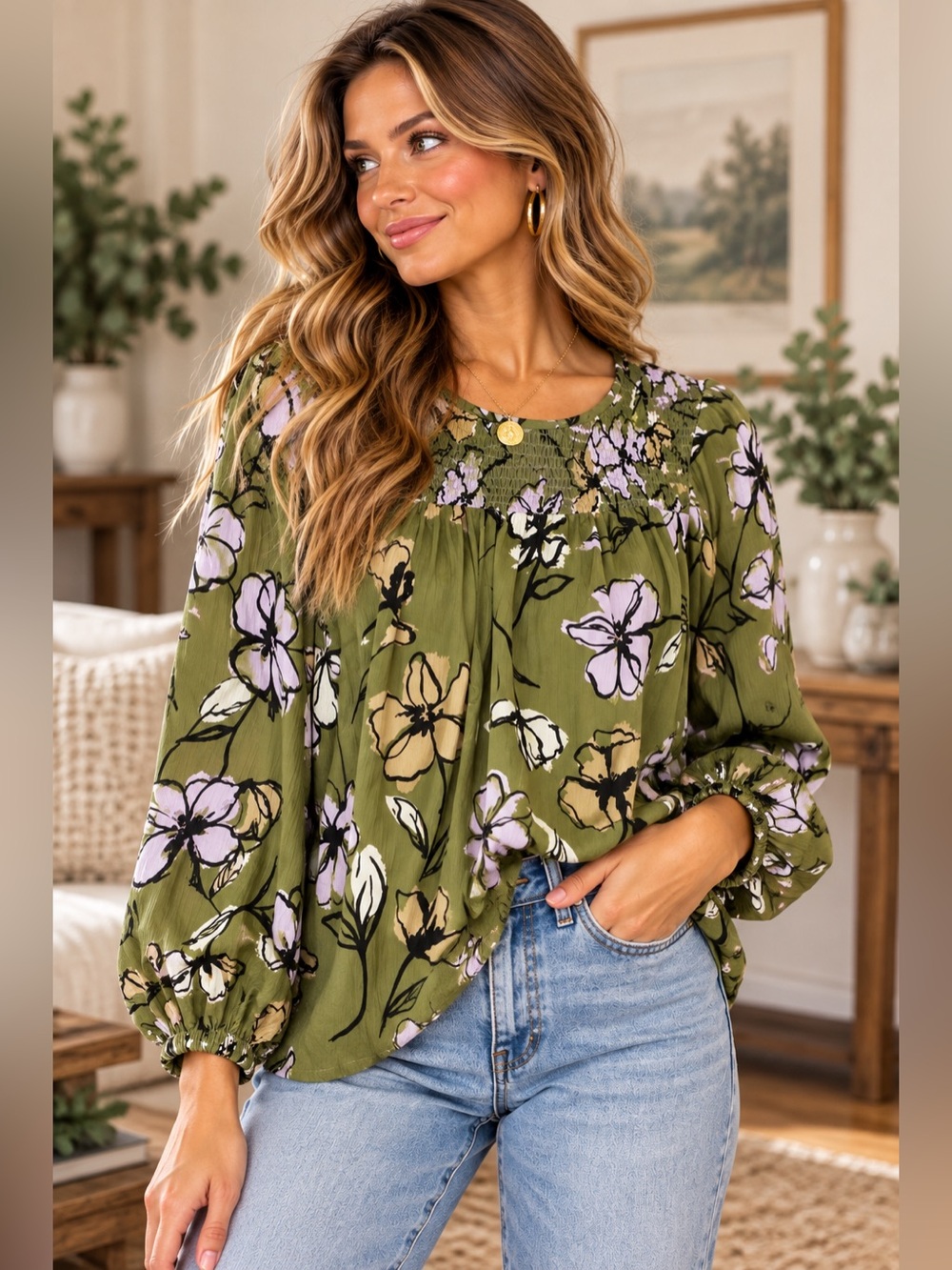 EVRI Olive Green Floral Smocked Neck Long Sleeve Blouse